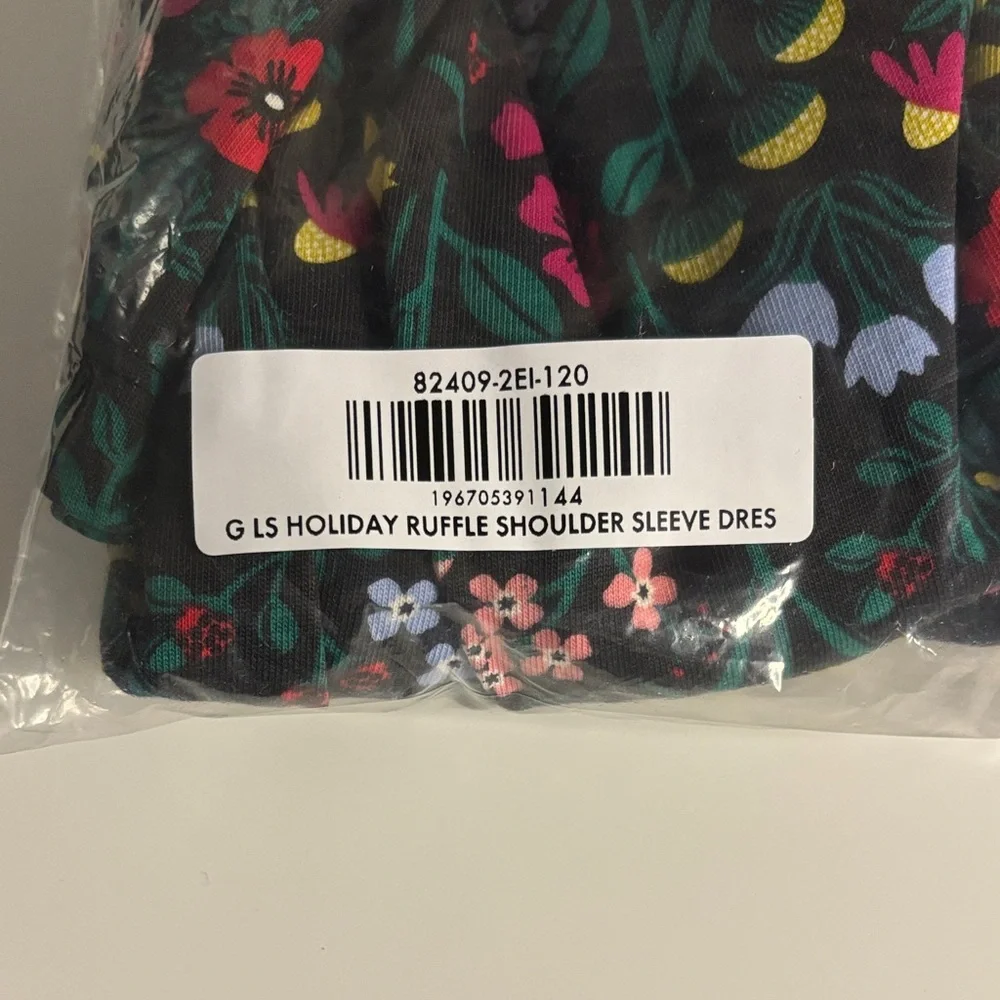NWT Hanna Andersson LS Ruffle Dress Pockets, Garden Dream Black, Size 120 (US6-7